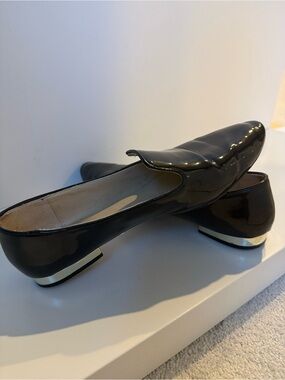 Zara Black Patent Loafers with Metallic Heel Trim Sz 8